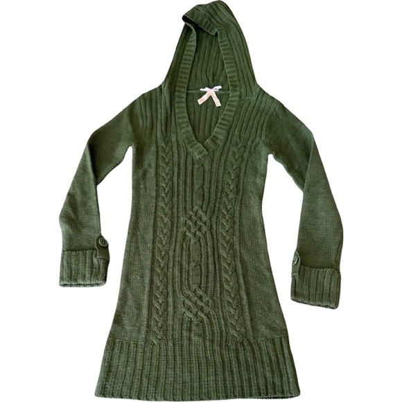 Derek Heart Forest Green V-Neck Sweater with Hood - Picture 1 of 9